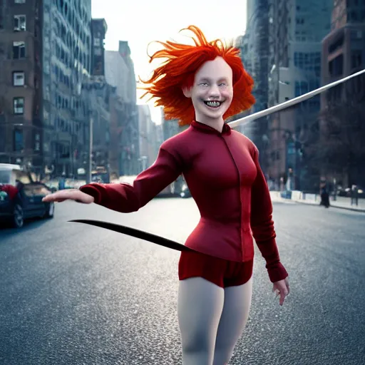 Image similar to a girl with a giant smile:: red hair:: pale skin:: wearing ballet clothes:: holding a wide sword:: standing in a busy street:: in New York city:: wide angle:: full body:: long shot:: volumetric lighting:: cinematic:: 8K:: octane render:: trending on artstation:: hyper realistic:: photo realistic:: by gregory crewdson