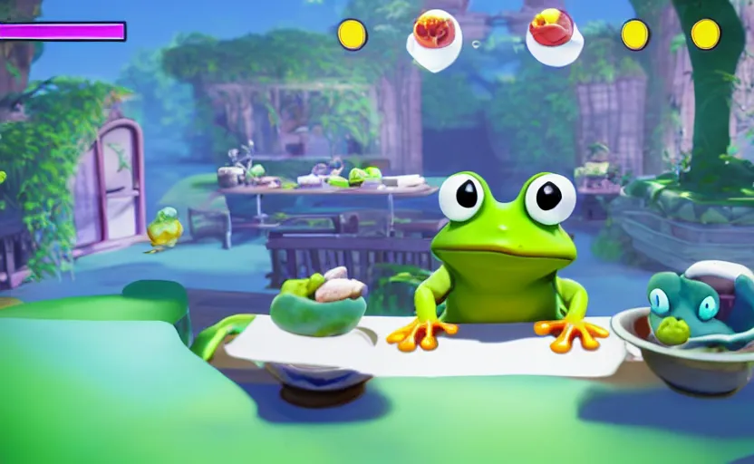 Prompt: ps 4 game about a cute frog chef, unity screenshot,