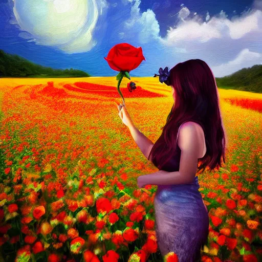 Image similar to giant rose in front of face and head, girl frontal in a flower field, surreal photography, sunrise dramatic light, impressionist painting, colorful clouds, digital painting, artstation, simon stalenhag