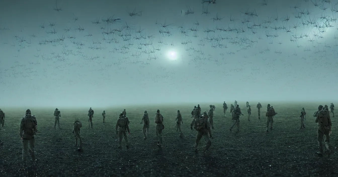 Image similar to realistic photo of wide battleground landscape, with army of transparent translucent insects fighting hardly futuristic human army, night, heavy rain, reflections, raytracing, raymarching, scattering, subsurface, full of reflections, volumetric fog light, dark and dramatic composition, deep depth, defocus, rendered in vray, raytracing, raymarching