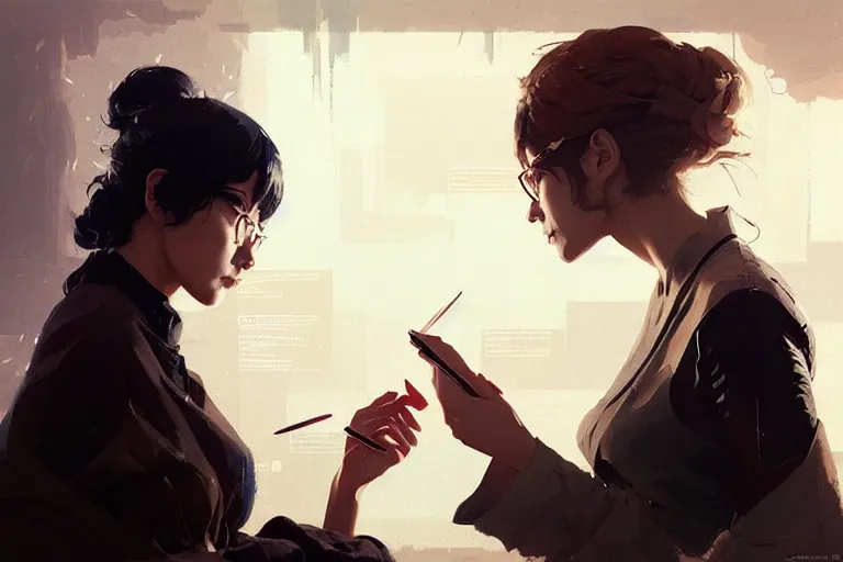 Image similar to portrait of two wise and very beautiful women discussing some texts appearing in a computer screen, art by guweiz and greg rutkowski, intricate, elegant, highly detailed, smooth, sharp focus, artstation