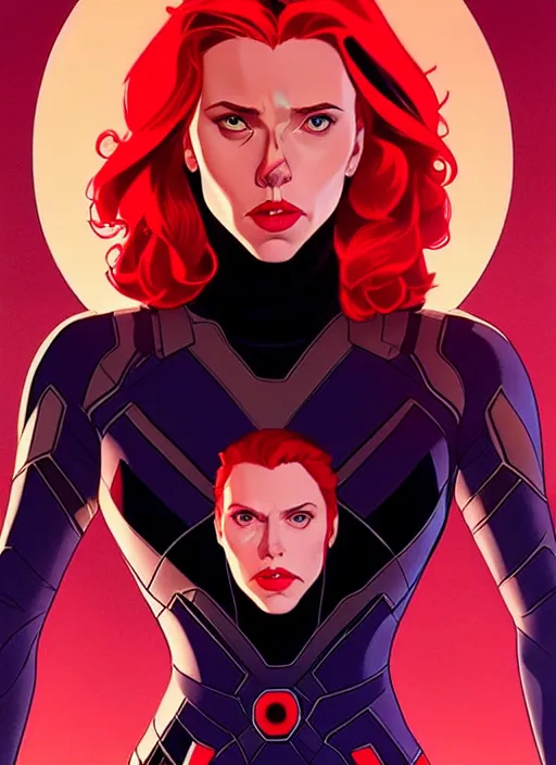 Image similar to rafeal albuquerque comic art, joshua middleton comic art, cinematics lighting, night time, pretty scarlett johansson black widow, big smirk, symmetrical face, symmetrical eyes, long red hair, full symmetrical body, flying in the air, jumping off rooftop