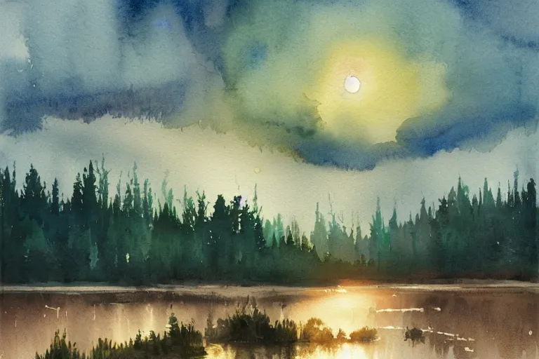 Image similar to small centered on watercolor paper, paint brush strokes, abstract watercolor painting of golden night at mini lake, heavy pine forest, cinematic light, american romanticism by hans dahl, by jesper ejsing, by anders zorn, by greg rutkowski, by greg manchess, by tyler edlin