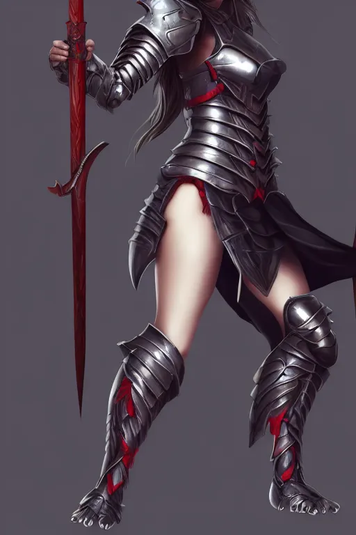 Image similar to full body portrait of a barefoot female vampire warrior by guweiz, feet, barefoot, heavy plate armor, two - handed sword, lithe, athletic, beautiful, detailed, historical chinese armor, anatomically accurate, guweiz, z. w. gu on artstation, 4 k.