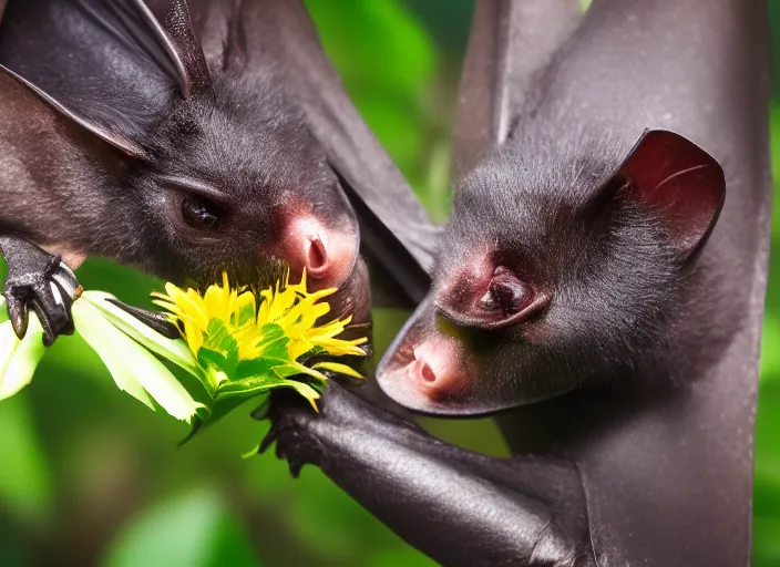 Image similar to super macro of a fruit bat drinking from a flower in the forest. fantasy magic style. highly detailed 8 k. intricate. nikon d 8 5 0 3 0 0 mm. award winning photography.