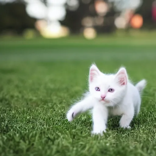 Prompt: a white kitten playing with a ball at a park