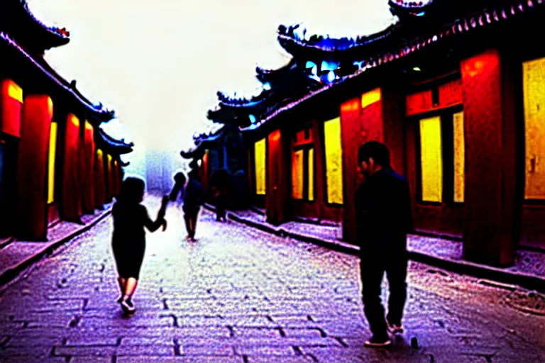 Image similar to A photograph of Two lovers walking on empty street in Beijing Hutong , golden time, capture ,quiet, joy, moving, warmth, light and shadow ,color photography.