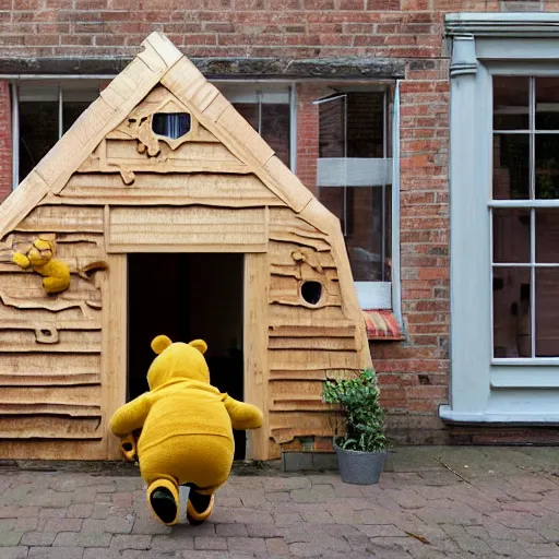 Prompt: winnie the pooh and Piglet visit a Norwich, Norfolk, buildings made from wood, photorealistic