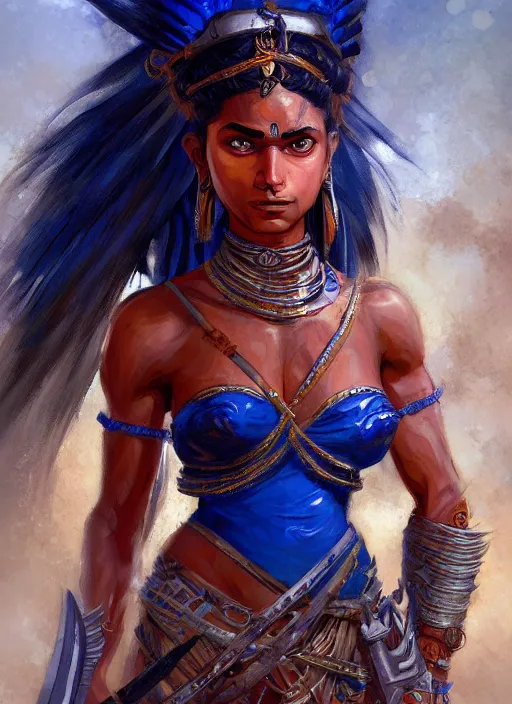 Image similar to highly detailed painting of a warrior goddess maldivian, tan skin, blue - eyes, high fantasy, dungeons and dragons art by jon foster trending on artstation