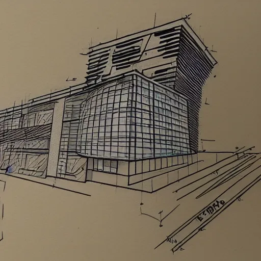 Image similar to schematic drawing of futuristic building with pencils and triangle ruler lying next to the drawing