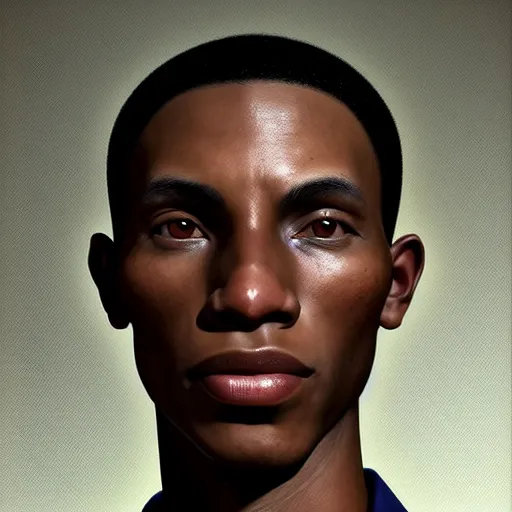 Image similar to A Hearts of Iron IV portrait of an African American young man with high cheekbones. Good bone structure. Dressed in 1940s style. Highly detailed, fine Art, high detail, great lighting, 8k resolution, masterpiece, concept art, illustration, clear eyes, painting oil on canvas, octane render, HDR, trending on artstation, 4k, 8k, HD