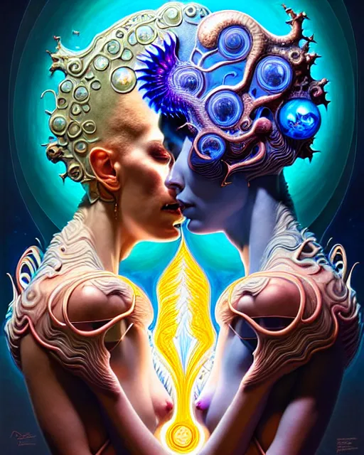 Image similar to a portrait of gemini water and fire fantasy character portrait made of fractals facing each other, ultra realistic, wide angle, intricate details, the fifth element artifacts, highly detailed by peter mohrbacher, hajime sorayama, wayne barlowe, boris vallejo, aaron horkey, gaston bussiere, craig mullins