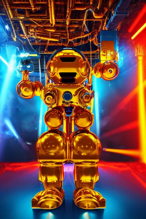 Image similar to portrait photo of a giant huge golden and blue metal humanoid steampunk robot singer with multicolored microphones and big gears and tubes, a red glowing microphone, blue headphones, eyes are glowing red lightbulbs, shiny crisp finish, 3 d render, 8 k, insaneley detailed, fluorescent colors, background is multicolored lasershow