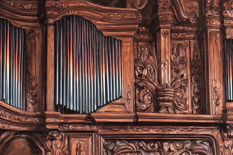 Image similar to pipe organ carved from dark smoke, high detail baroque oil painting