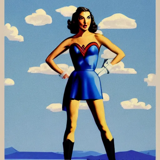 Prompt: full body portrait of gal gadot in the style of bill medcalf, blue sky with a few clouds, retro, 1 9 5 0, 4 k, detailed