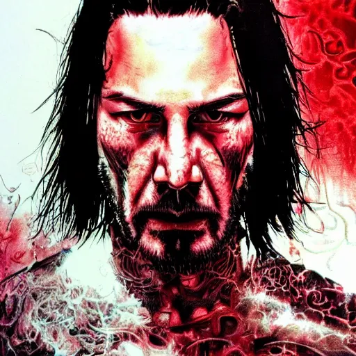 Prompt: realistic detailed image of a angry Keanu Reeves by Katsuya Terada, gothic and dark, masterpiece, dark background, red glowing eyes