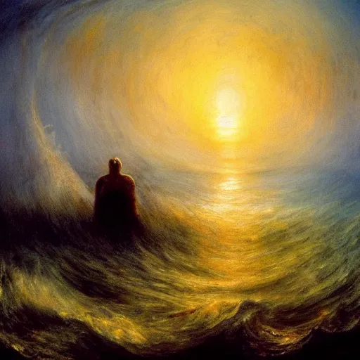 Prompt: a gigantic lovecraftian cyclope emerging from under the ocean, gazing to the sky, as in a turner's painting