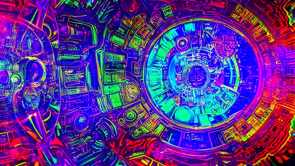 Prompt: a futuristic world of machine with dmt visions in a high spiritual world, colorful, rainbow, fractoluminescence, refractive, plasma, electric