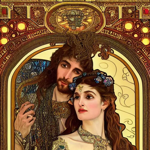 Image similar to realistic detailed dramatic symmetrical portrait of David and Dalida as Salome dancing, wearing an elaborate jeweled gown, by Alphonse Mucha and Gustav Klimt, gilded details, intricate spirals, coiled realistic serpents, Neo-Gothic, gothic, Art Nouveau, ornate medieval religious icon, long dark flowing hair spreading around her