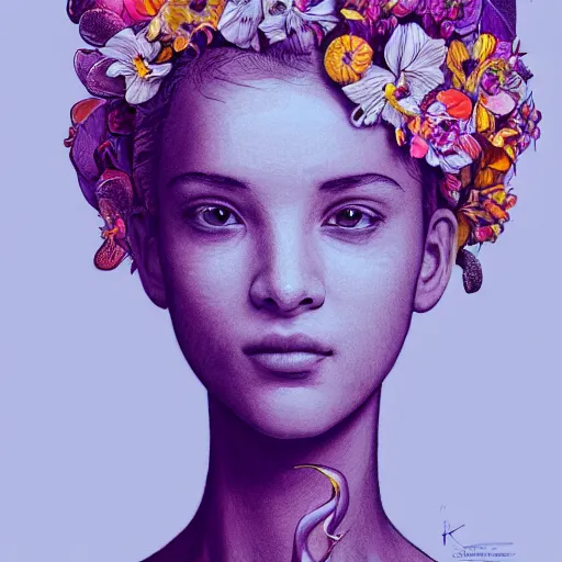 Image similar to the portrait of an absurdly beautiful, graceful, elegant, and wise young woman made of bananas and petals, an ultrafine detailed illustration by kim jung gi, irakli nadar, intricate linework, bright colors, final fantasy, behance contest winner, angular, unreal engine 5 highly rendered, global illumination, radiant light, detailed and intricate environment