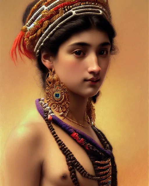 Image similar to photo of a gorgeous young tribal woman wearing elaborate baroque jewelry and rococo ornaments in the style of stefan kostic, realistic, sharp focus, symmetric, 8k high definition, insanely detailed, intricate, elegant, art by stanley lau and artgerm, William-Adolphe Bouguereau