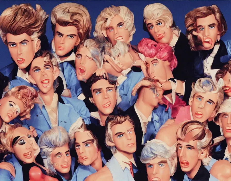 Prompt: ken barbie 1980s pop band, surrealism aesthetic, detailed facial expressions