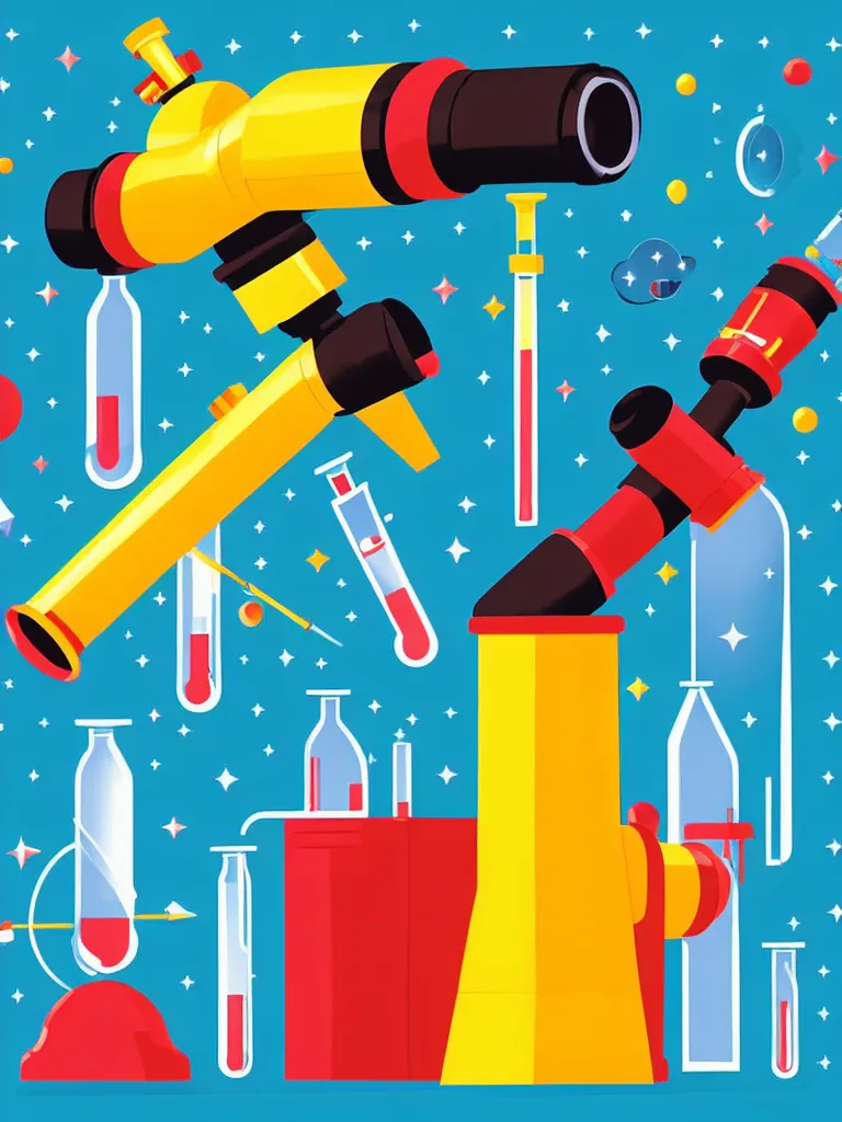 Image similar to editorial illustration scientific lab test tube telescope microscope spaceship, colorful modern, mads berg