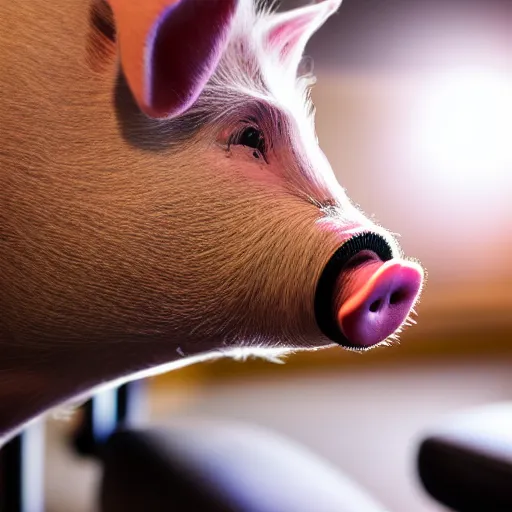 Image similar to photo of a pig sitting in a gaming chair next, taken with canon eos - 1 d x mark iii, bokeh, sunlight, studio 4 k