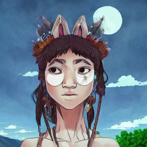 Image similar to “Zendaya, Mononoke-hime style, cartoon, blue sky with white clouds green hills and mountains on the background, fantasy, photorealistic, concept Art, ultra detailed portrait, 4k resolution”