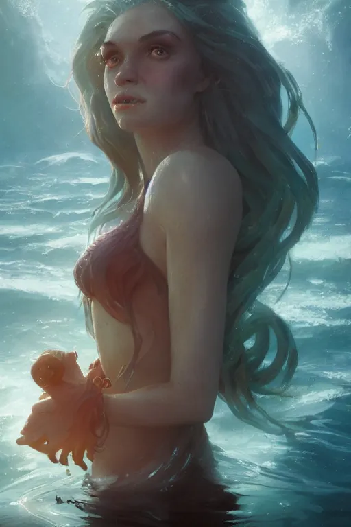 Image similar to portrait of arielle the mermaid with doc brown face in water, medium shot, disney animation, sharp, illustration, sharp, anime key art by greg rutkowski, bloom, dramatic lighting sharp focus, cinematic, artbook, smooth, centered