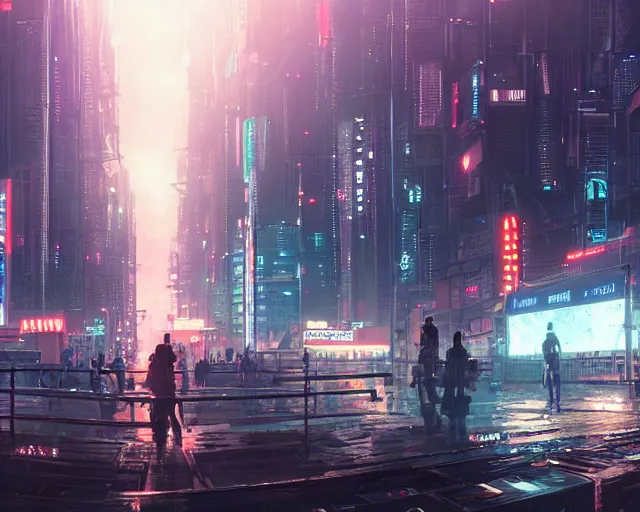 Image similar to panoramic view of a cyberpunk city at night, bokeh lights, anime, ilya kuvshinov, guweiz, greg rutkowski, concept art, digital painting, cinematic, extreme detail, expansive