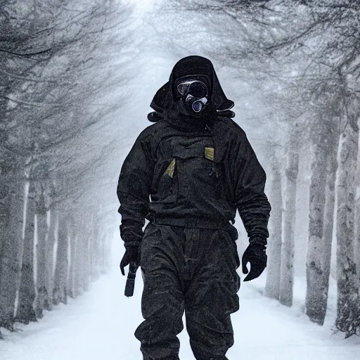 Prompt: man wearing arctic clothing, hood, ski goggles, gas mask, and a ballistic vest, in snow storm, apocalyptic.