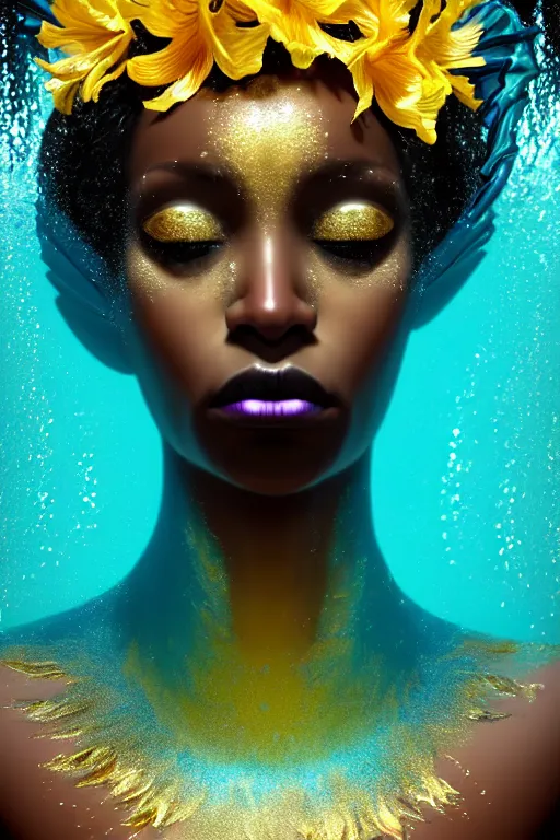 Image similar to hyperrealistic magic realism cinematic very beautiful! black oshun goddess with white! iris, in water, yoruba body paint, mirror dripping droplet!, gold flowers, highly detailed face, digital art masterpiece, smooth robert steven connett eric zener dramatic teal light, ground angle uhd 8 k, sharp focus