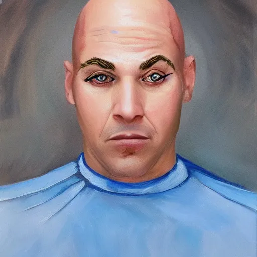 Prompt: a bald man from ohio living in michigan and he has drama queen eyebrows, hyperrealistic painting