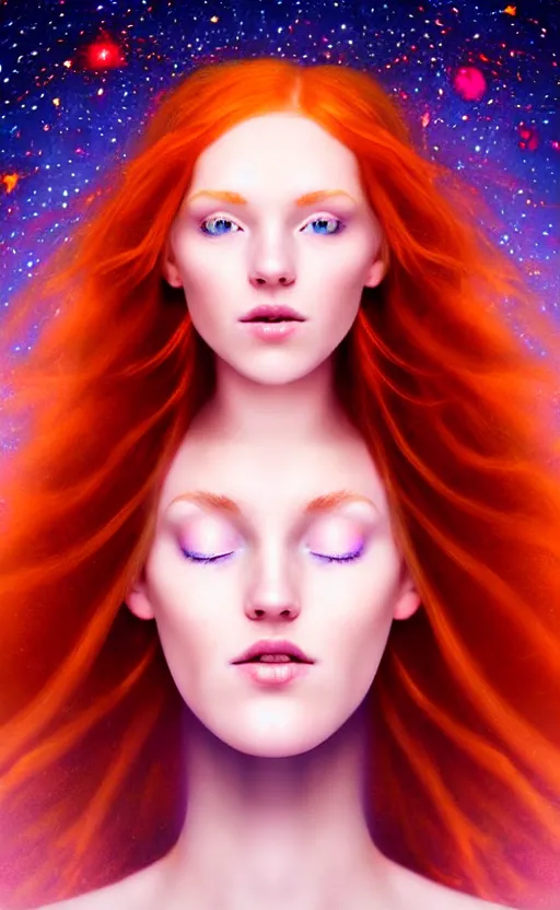 Image similar to space astral portrait of a beautiful girl, red hair, ginger hair, fantasy, glowing skin, smooth face, perfect eyes, half body shot, tarot card