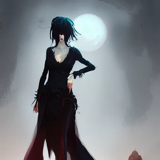 Image similar to female goth human vampire witch in the style of greg rutkowski, makoto shinkai, trending on artstation, character design, concept art, pretty face, forward facing, highly detailed, digital art