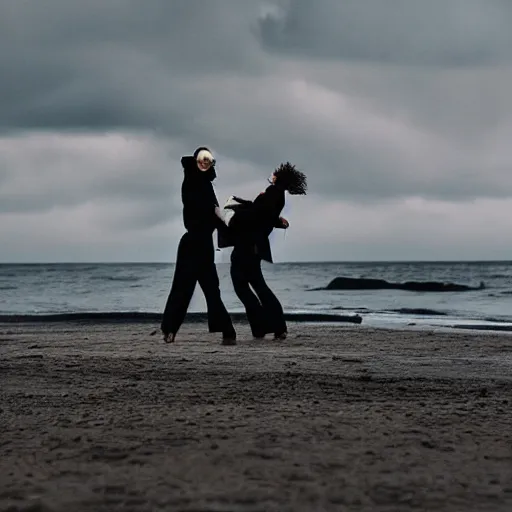 Prompt: realistic cropped photo of a man and woman, both wearing trenchcoats, dancing together on a beach during cloudy weather, at night, and it ’ s dark time