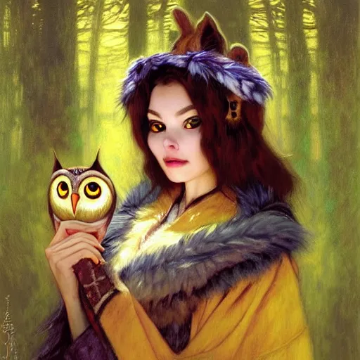 Image similar to a female owl owlwoman bird in magic robes at night in a dark forest. zootopia fursona furaffinity furry art detailed face painting by gaston bussiere craig mullins jc leyendecker gustav klimt artgerm greg rutkowski furry