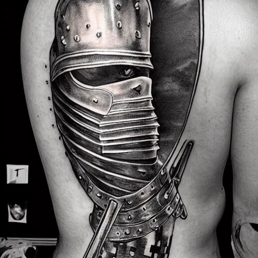 Prompt: A knight in armor, tattoo, tattoo art, Black and grey tattoo style