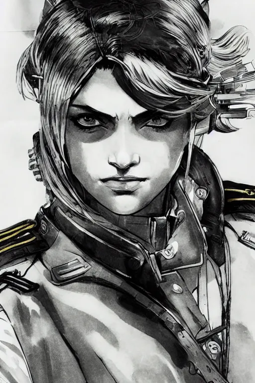 Prompt: beautiful portrait of a female officer wearing a fancy naval uniform, concept art by yoji shinkawa, felt tip pen, intricate detail, sharp focus, illustration