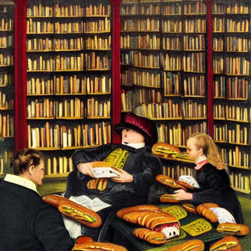 Prompt: victorian library full of hot dogs instead of books