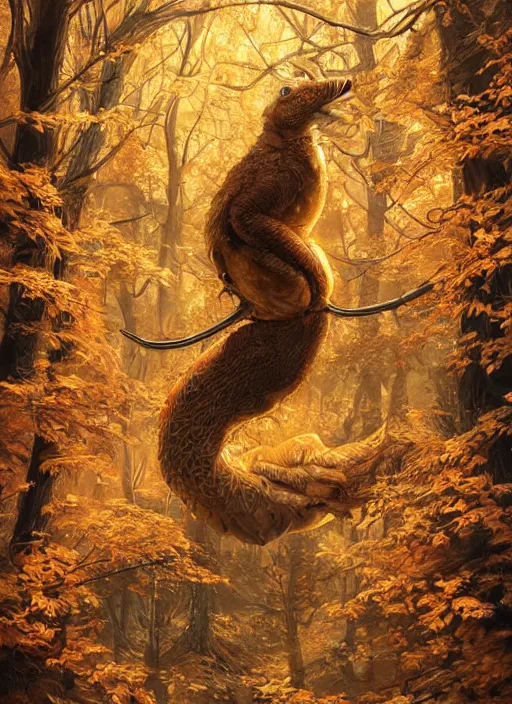 Image similar to golden leaves at frame border, creative!!! composition for a book cover, absurdly beautiful, ultrafine hyperrealistic detailed animal by wlop and artgerm and greg rutkowski, intricate linework, sharp focus, smooth, unreal engine, dramatic lighting, ethereal, 8 k