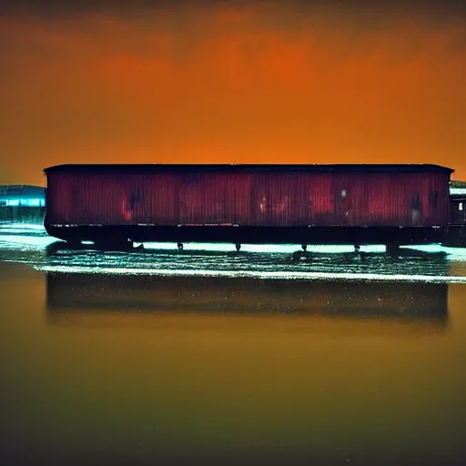 Image similar to moody boxcar, aquatic, impressionist, low light, dystopian