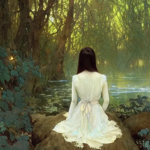 Prompt: a beautiful painting of the back view of a young lady in white dress sitting by the river in a grown forest, washing her dark long hair, sunlight reflected on the river, Mucha, Mohrbacher