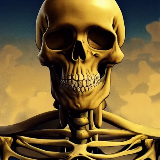 Image similar to beautiful portrait of skeleton with thumbs up, nuclear explosion in the background, trending on Artstation