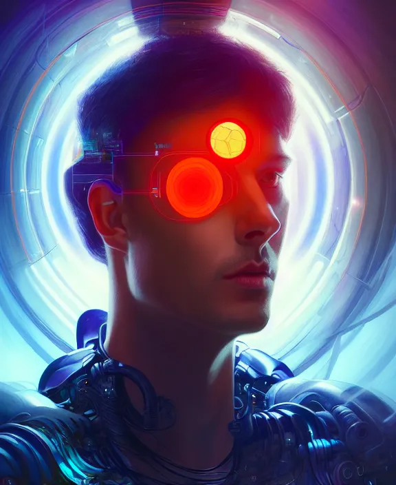 Image similar to a whirlwind inside the metaverse, guy, male, man, hologram, half body, neurochip, android, cyborg, cyberpunk face, by loish, d & d, fantasy, intricate, elegant, highly detailed, colorful, digital painting, artstation, concept art, art by artgerm and greg rutkowski and alphonse mucha