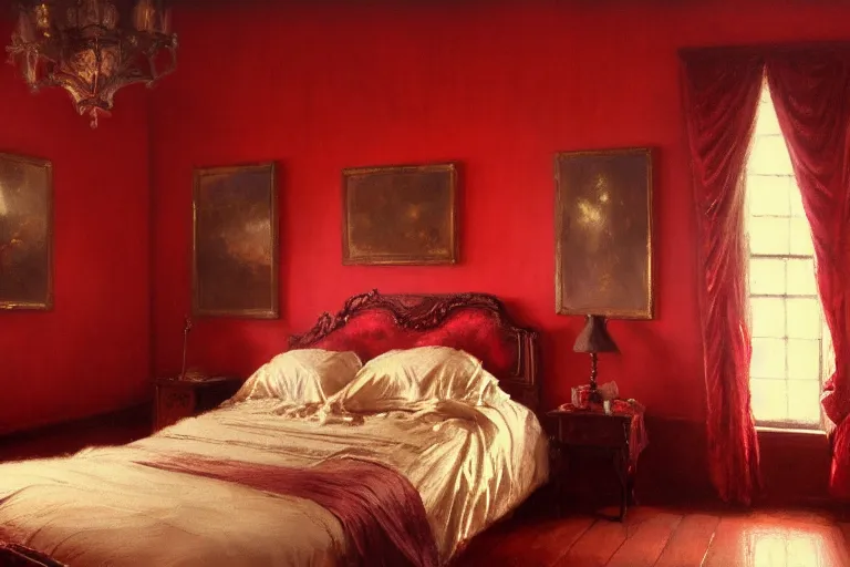 Prompt: an ornate red victorian bedroom, in the evening, 1 8 9 0, key visual, conceptart, ambient lighting, highly detailed, digital painting, artstation, concept art, sharp focus, by makoto shinkai and akihiko yoshida and greg manchess