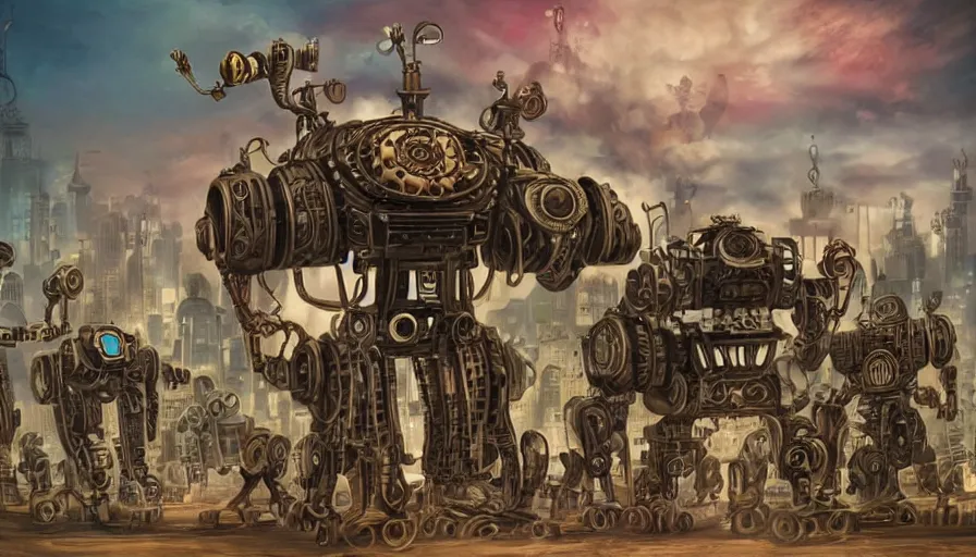 Prompt: steampunk robots civilization