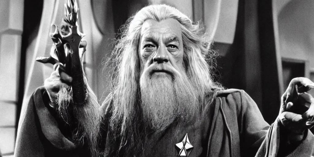 Image similar to Gandalf, in starfleet uniform, in the role of Captain Kirk in a scene from Star Trek the original series