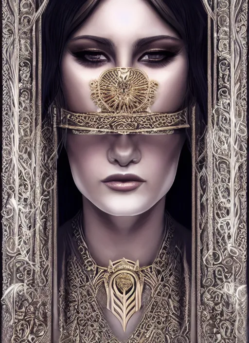 Prompt: beautiful full body concept art, photorealistic symmetrical beautiful face, symmetric eyes, female priestess with shiny hair wearing full intricate clothing, temple, godray, intricate lighting, micro detail, symmetric hands, cg society